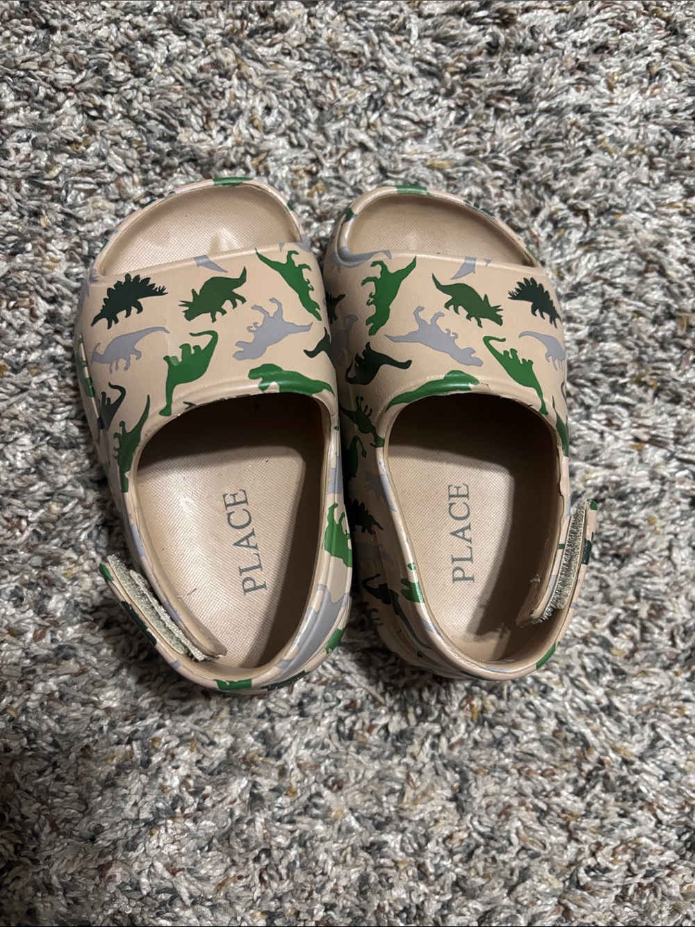 The Children's Place Beige Sandals with Green and Gray Dinosaur Print